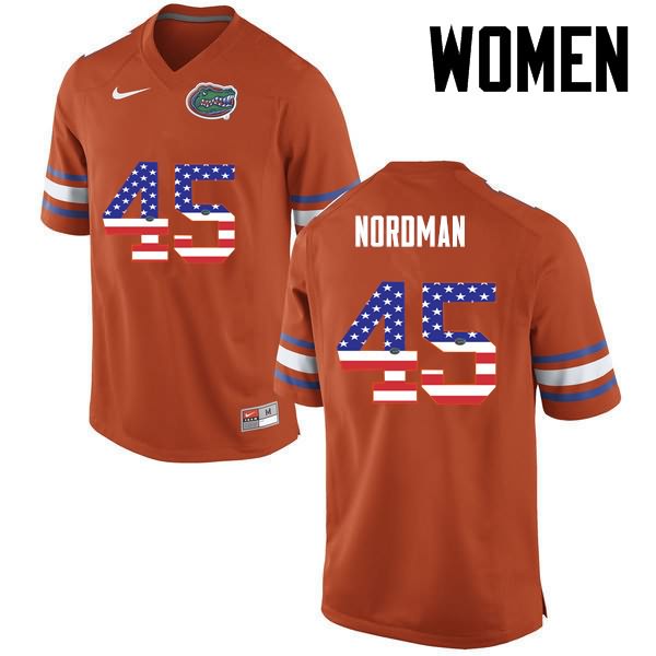 NCAA Florida Gators Charles Nordman Women's #45 USA Flag Fashion Nike Orange Stitched Authentic College Football Jersey KIU1664AH
